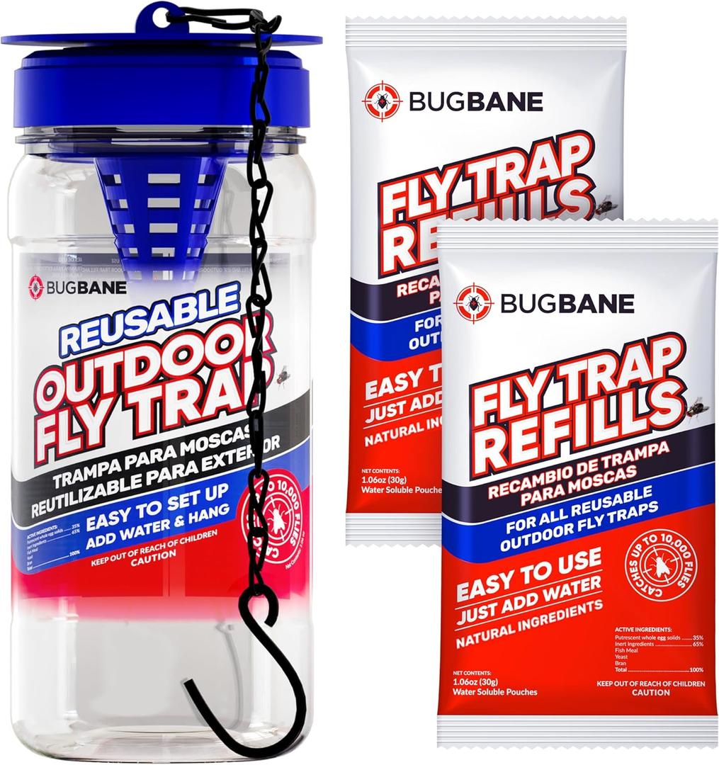 Fly Trap Outdoor Fly Traps for Patio with 2 Non-Toxic Dissolvable Bait Refills. Reusable Hanging Bug Catcher Killer for All Filth Flies for Outside Bug Control Yard Ranch. Hanging Chains Included.