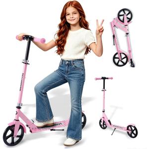 Kick Scooter for Kids Ages 6+, Teens & Adults, Adjustable Handlebars, Rear Brake, Big Wheel Foldable Scooter for Indoor & Outdoor
