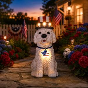 Solar Dog Patriotic Outdoor Statue: IP65 Weather Resistant American Flag Outside Figurine Decor for Garden Lawn Patio Yard - Birthday Independence Day Gifts for Women Men