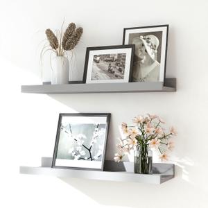 Floating Shelves for Wall Decor, Wall Mounted Wood Storage Shelf for Bedroom, Living Room, Bathroom, Kitchen, Nursery, Display Picture Ledge Shelf with Lip Set of 2-16 Inches, Grey (15.8in)