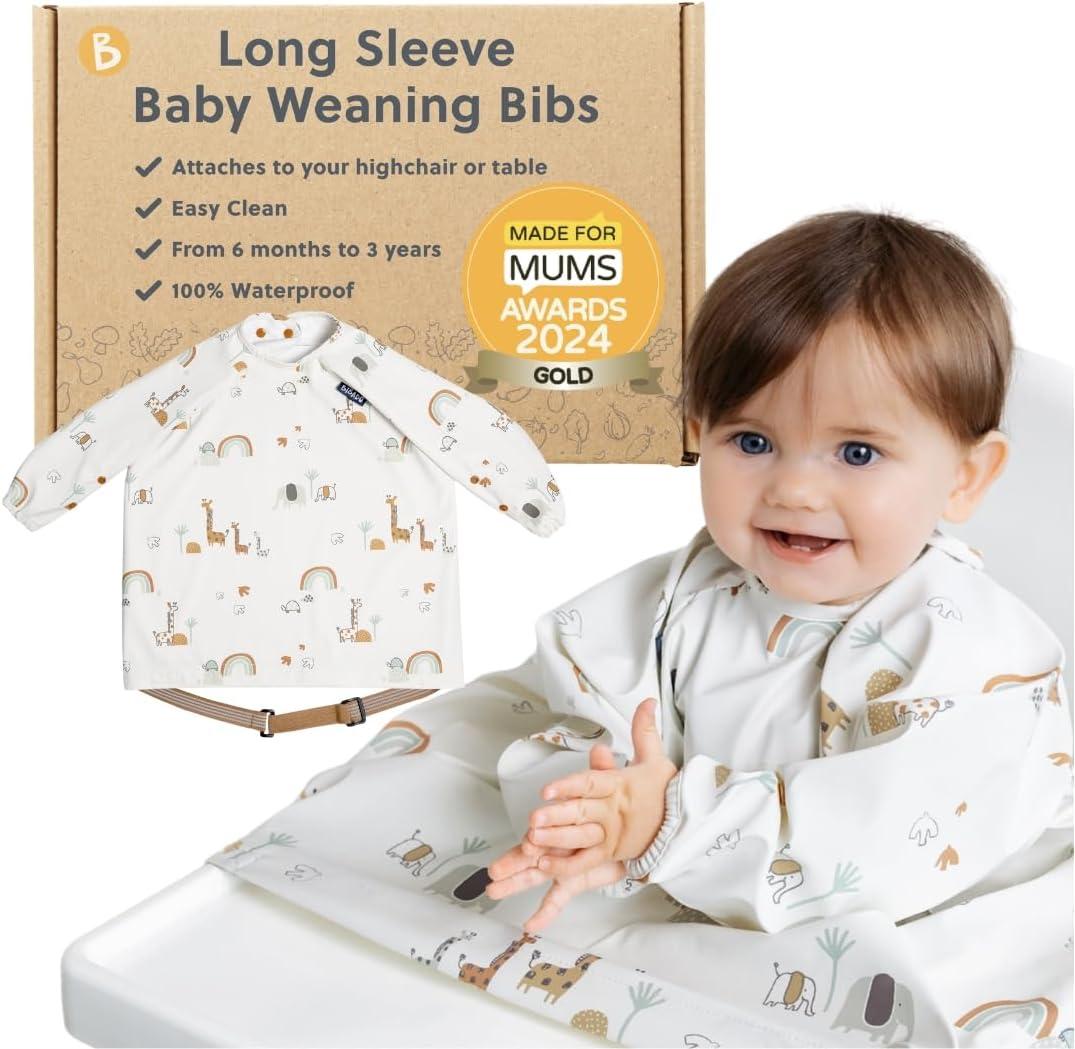 BIBaDO - Long Sleeve Baby Bibs - Babies & Toddlers 6-36 Months - Coverall Baby Led Weaning Bib - Easy Wipe, Soft & Waterproof (1 Pack, Serengeti Spaghetti)