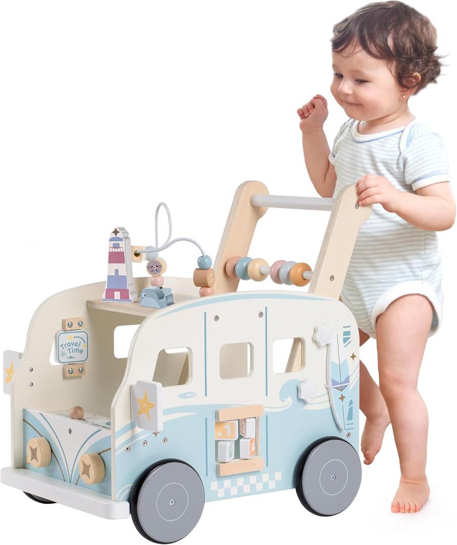 ROBOTIME Wooden Baby Walker, Baby Push Walker, Baby Activity Center Toys, Ajustable Speed Multi-Functional Baby Walker with Wheels for Boys and Girls(Vacation Bus)