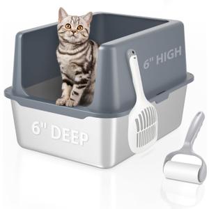 Litter Box with Lid, Stainless Steel Litter Box, 12" Metal Litter Pan High Sides, Small Litter Tray for Kittens, Cat Litter Tray Covered Grey, Easy Clean