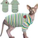 DENTRUN Hairless Cats Shirt Breathable Cat Daily Wear Clothes Stripe Vest Adorable Pajamas Jumpsuit Soft & Skin-Friendly (X-Large, Green Long Sleeve)