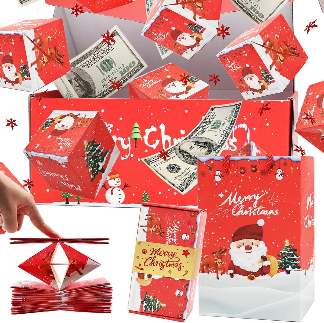 Surprise Gift Box Explosion for Money, Unique Folding Bouncing Red Envelope Gift Box with Confetti, Cash Explosion Luxury for Birthday Anniversary Valentine Proposal (15 Bounces) (Red Christmas)