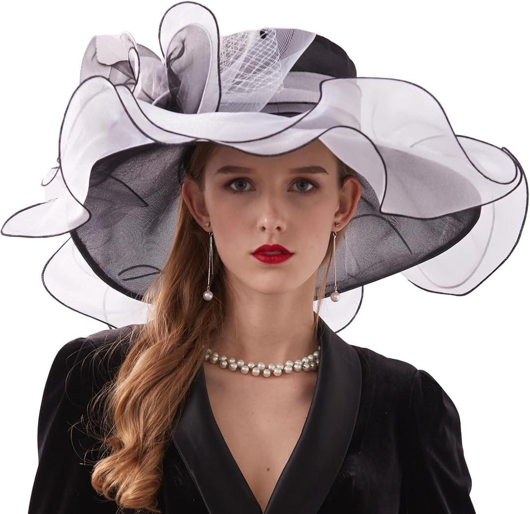 Women's Derby Church Hat Bridal Tea Party Wedding Party Sun Hat with Detachable hat Flower as Fascinators, White