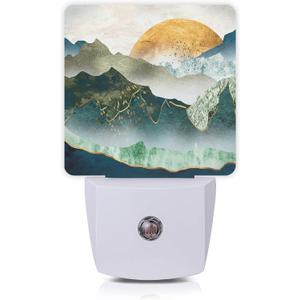 Mountain Night Light,Green Mountains Golden Sunset Plug in Night Lights Auto LED Lamp Energy Saving Square Lights for Boys Girls Men Women