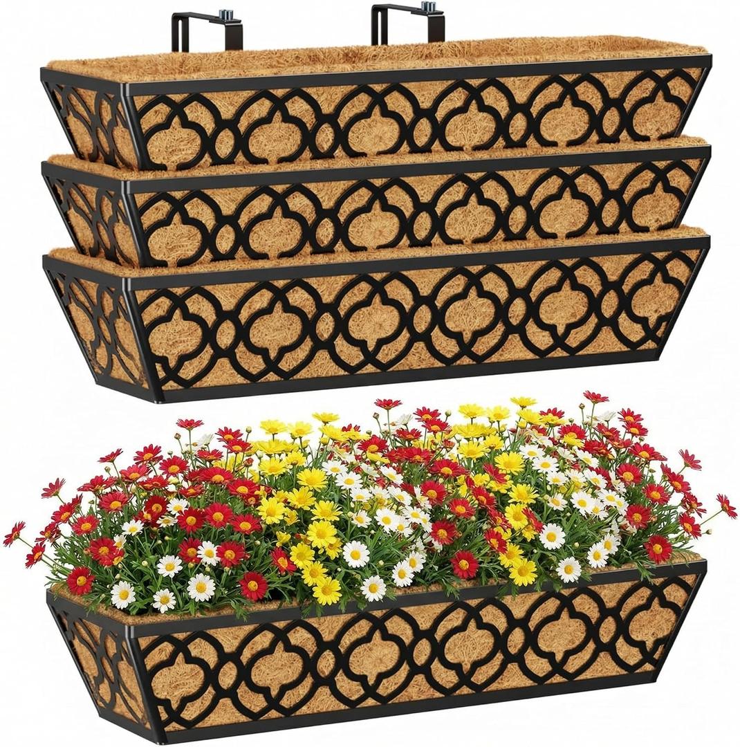 Y&M Deck Railing Planter Boxes, Adjustable Balcony Planter for Outdoor Plants, Metal Railing Planter Box for Deck, Fence and Porch, Window Boxes Outdoor, Sturdy Hanging Planter-24inch 4pcs