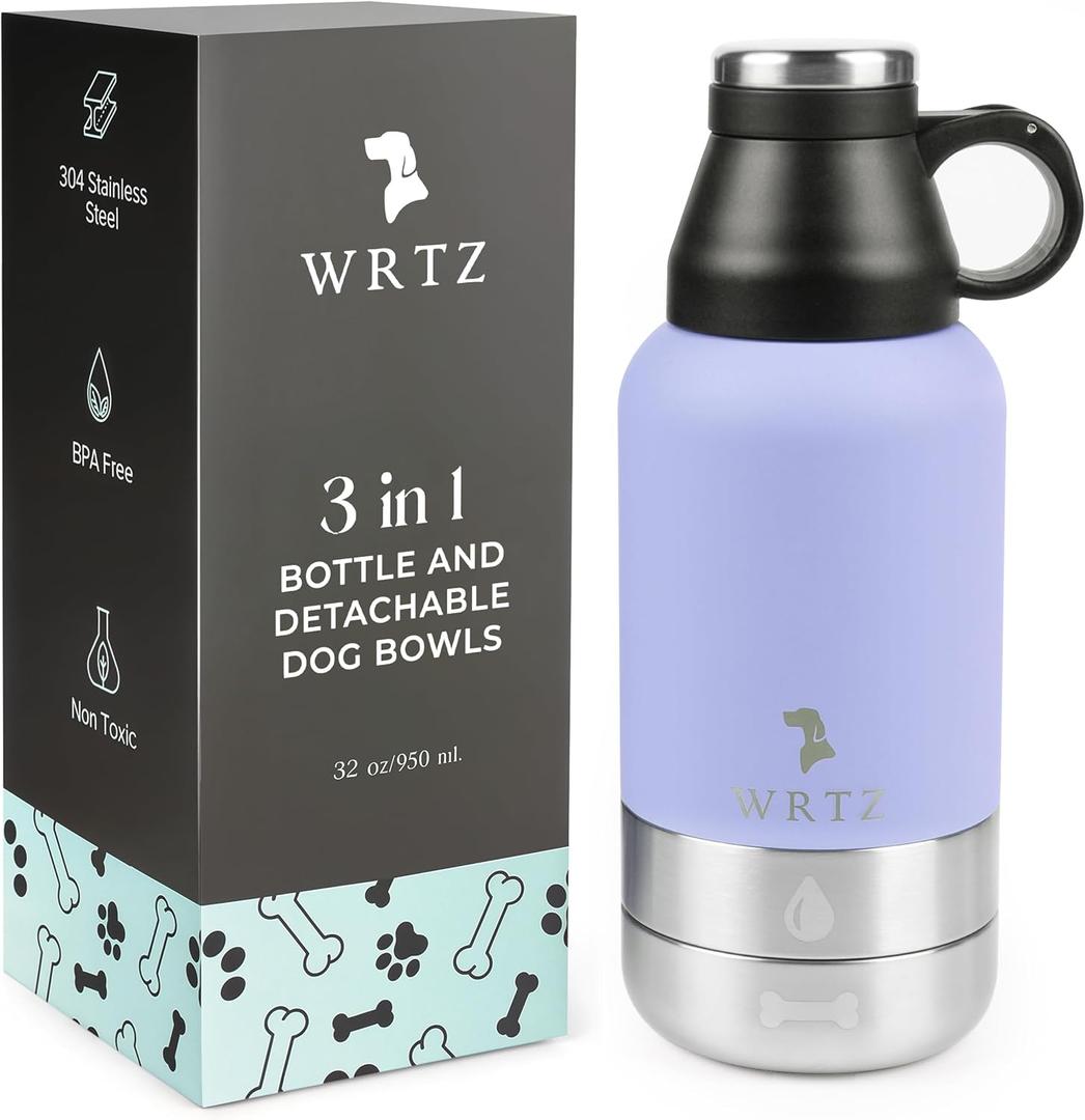 Portable Dog Water Bottle with 2 Removable Water Bowls for Dogs Leak-Proof Insulated Stainless Steel Dog Water Bottle Travel Accessories for Dogs - 32oz - Lavender