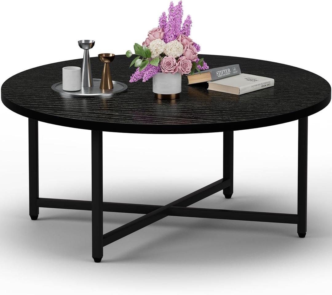Coffee Table, 31.5" Black Round Coffee Table for Living Room, Center Tables for Family & Office Use, Outdoor Coffee Table Round, Large Black (31.5" D x 17.7" H)