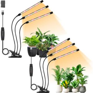 Full Spectrum LED Grow Light for Indoor Plants, 3Heads Grow Lights for Seed Starting, 10 Dimmable Levels & 3 Timer Modes (3/9/12H), Adjustable 360 Gooseneck with Clip, Plant Grow Light 2 Pack