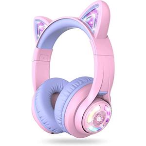 iClever Cat Ear Kids Bluetooth Headphones, LED Lights Up, 74/85dBA Safe Volume Limited, 50H Playtime,Bluetooth 5.2, USB C,Kids Headphones Wireless Over Ear for Travel iPad Tablet, Meow Macaron-Purple