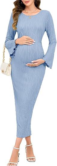 AISWI Maternity Dress Ribbed Knit Long Sleeve Round Neck Bodycon Mid Pregnancy Dresses Casual Baby Shower Bell Sleeve (Medium, Light Blue)