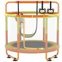 LANGXUN 60" Kids Trampoline, 5ft Toddler Mini Trampoline Indoor Outdoor Toys with Swing & Basketball Hoop & Dart Board, Gymnastics Bar, Birthday Gifts for Girls Boys Age 1-8 (Orange&Yellow)