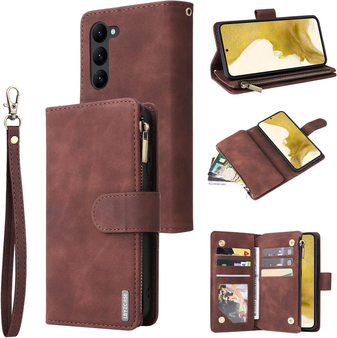 LBYZCASE Case for Galaxy S23 Plus 5G with Card Slots[RFID Blocking],Durable Flip Folio Kickstand Magnetic Closure Leather Zipper Wallet Wrist Strap Women Men Case for Samsung Galaxy S23+ (Coffee)