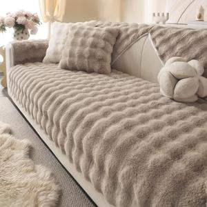 Soft Plush Faux Fur Couch Cover, Thick Warm Fuzzy Sectional Sofa Covers for 3 Cushion Couch Sofa L Sharped Sofa Non Slip Slipcover, Furniture Protector Covers for Pets(1 PCS 36"x82" Khaki)