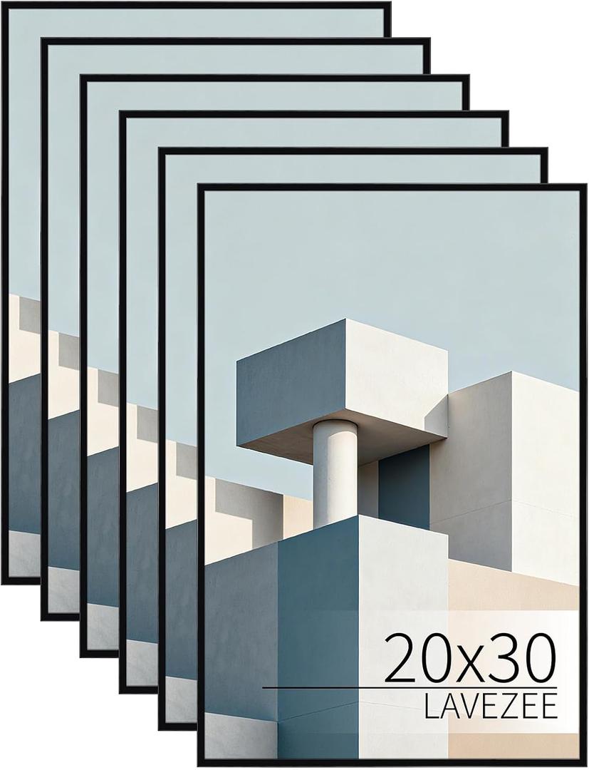 Lavezee 20x30 Poster Frame Black, 6 Packs Lightweight 20 x 30 Picture Frames for Wall Mounting, Display 30x20 Pictures, Posters & Art Prints Vertically or Horizontally