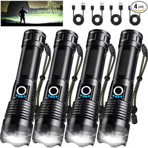 4 Pack Rechargeable LED Flashlights High Lumens, 90,000LM Super Bright Flashlight, Adjustable 5 Modes Powerful Flash Light with USB Cable, Waterproof Handheld Flashlight for Home Camping Emergencies