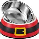 Qinyoung Christmas Pet Food Bowl for Small Dog Cat, 7oz Red Santa Belt 2 in 1 Dog Food Water Bowl Stainless Steel Ceramic Stackable Pet Dish Water Feeder Non Slip Easy Clean 5.51 x 4.33 x 1.77 Inch
