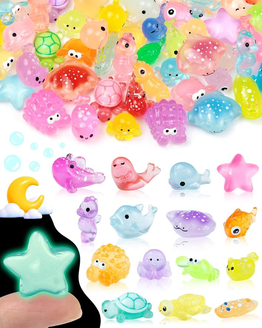 FIVEIZERO 102PCS Luminous Mini Resin Aquatic Animals Bulk - 15 Styles Glow in The Dark Plastic Tiny Sea Creatures for Dollhouse, Fairy Garden, Aquarium, Party Favors & DIY Craft Decor