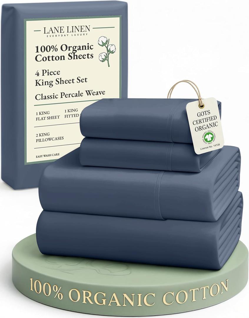 LANE LINEN 100% Organic Cotton Sheets for King Size Bed - Soft Percale Sheets, Breathable Luxury Hotel Style Machine Washable Fully Elasticized Mercerized 15" Deep Pocket King Sheet Set- Estate Blue