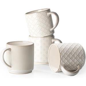 getstar 16oz Large Ceramic Coffee Mugs Set of 4 with Big Handles, Aesthetic Stackable Coffee Cups Stoneware Mug with Embossed Design for Coffee, Tea, Latte, Cappuccino, Dishwasher&Microwave Safe