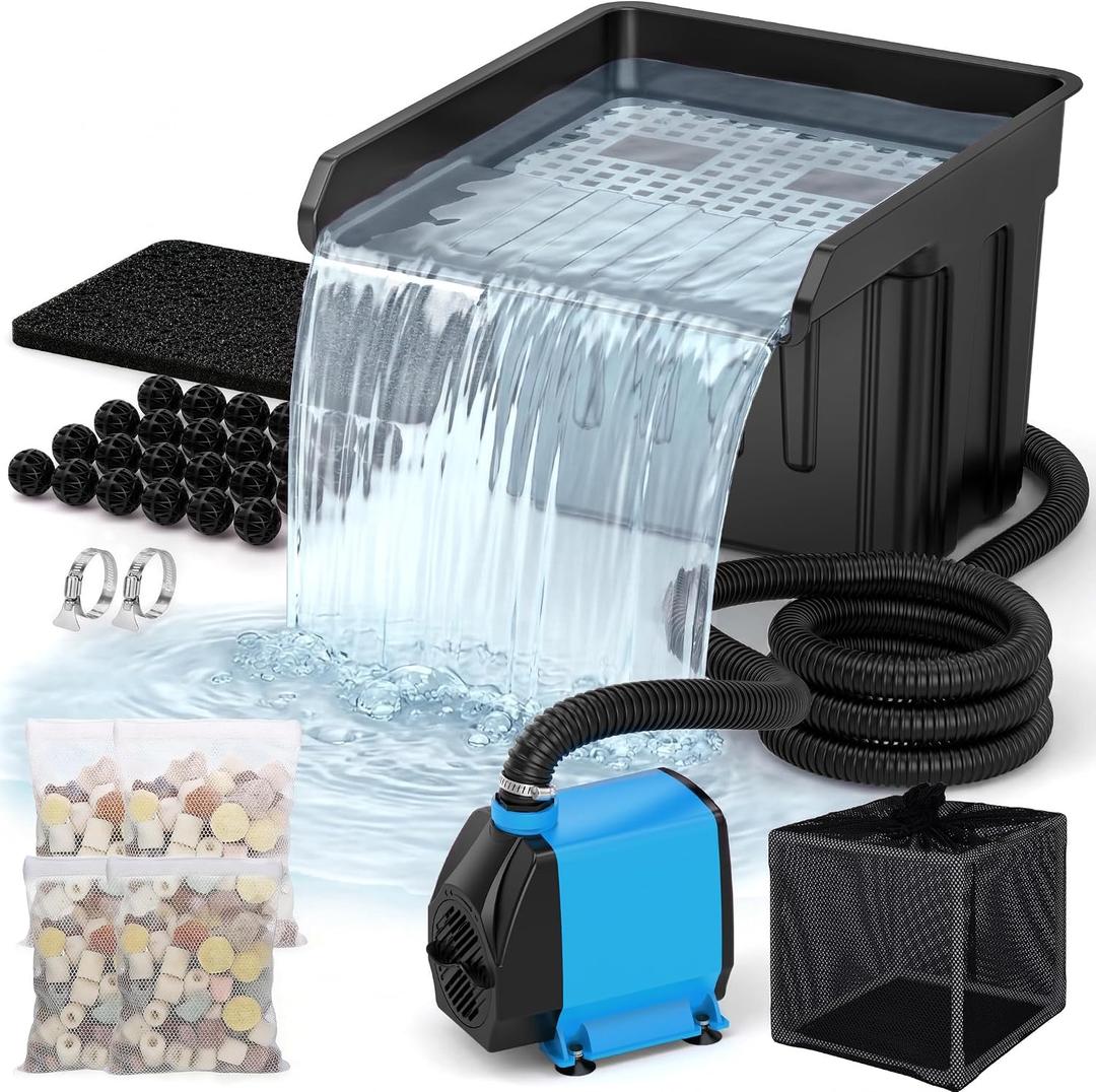 Pond Waterfall Spillway Kit, Pond Waterfall Filter with 980GPH Quiet Pond Pump & Filter Cage, 13 Ft Corrugated Tubing, Filter Media for Outdoor Ponds up to 3,000 Gallons