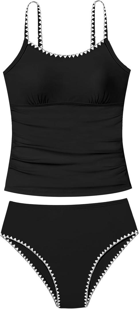 Girls Swimsuit Solid Color Tankini Contrast Trim Swimwear 2 Piece Bathing Suit Padded Swimsuits for Teens (15-16 Years, Black)