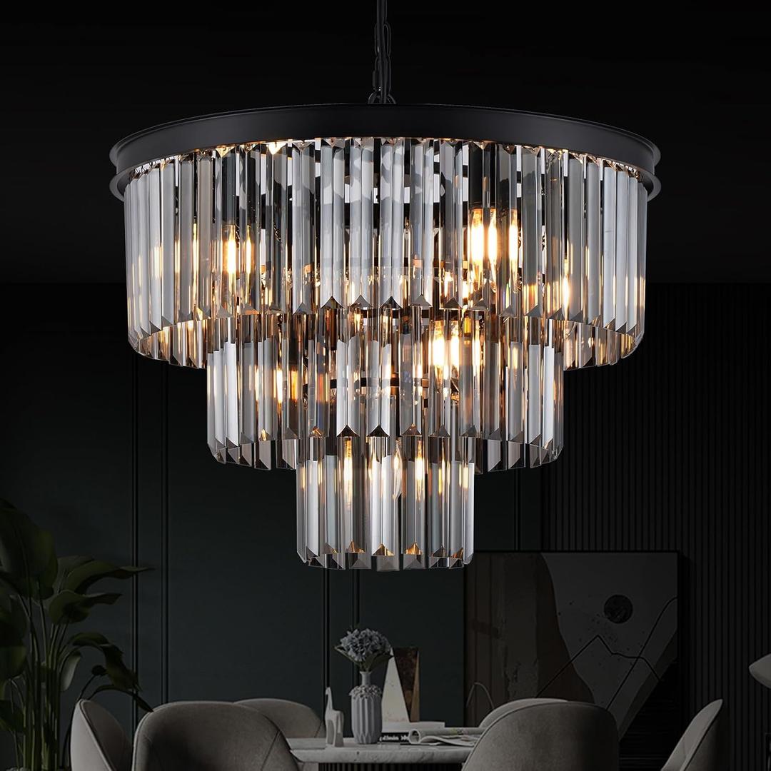 Smoke Gray Crystal Chandeliers 7 Lights 20" Black Round Chandelier | Modern 3 Tiers Ceiling Pendant Light Fixture,Luxury K9 Crystal Lighting for Dining Room Bedroom Kitchen Foyer,E12 Bulbs
