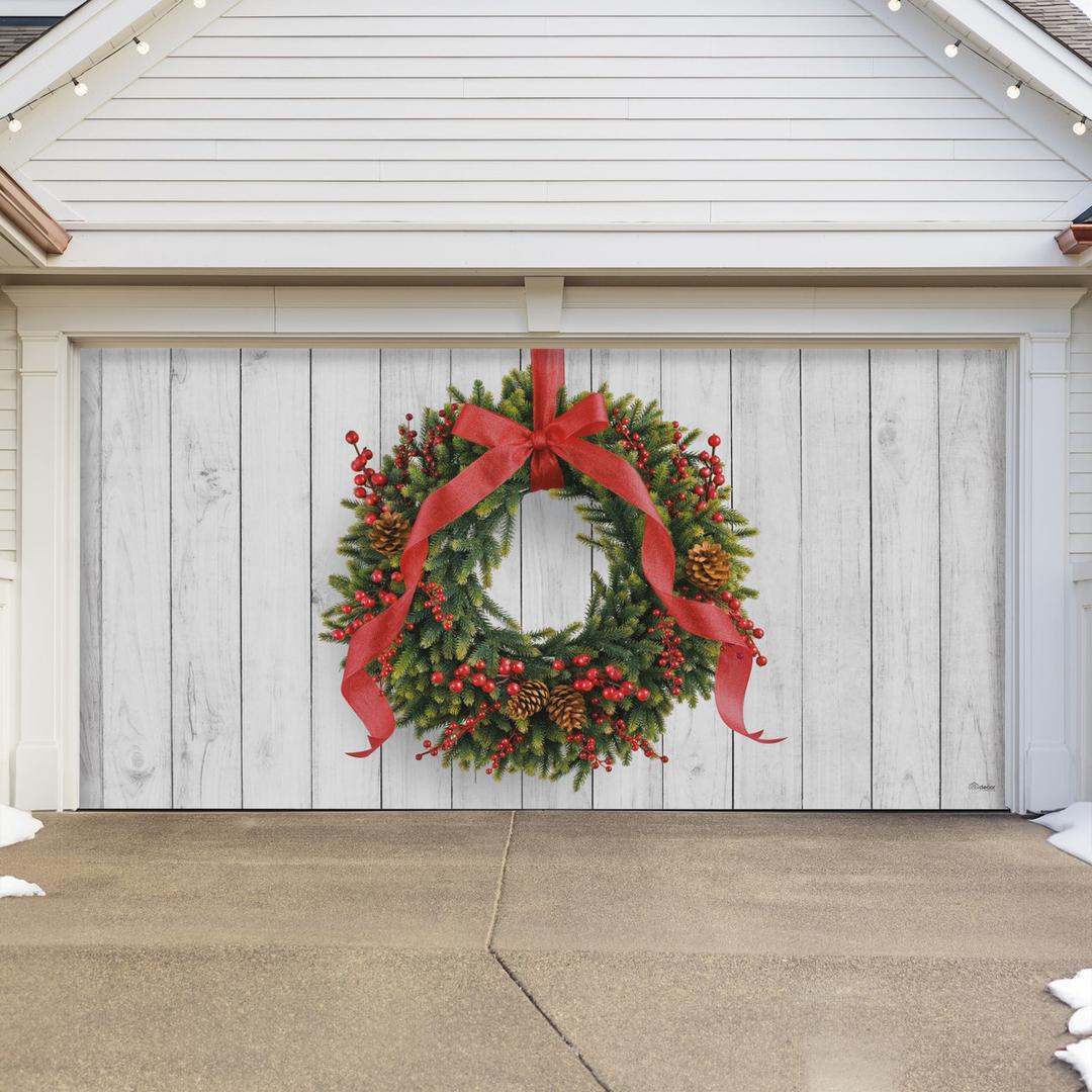 7' x 16' Charming Christmas Wreath Garage Door Banner - Designed to Move with Door | Heartwarming Holiday Double Garage Door Decoration