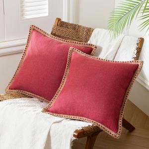 Phantoscope Pack of 2 Farmhouse Decorative Solid Throw Decorative Pillow Cover Burlap Linen Pillow Covers Trimmed Tailored Edges Red 20 x 20 inches