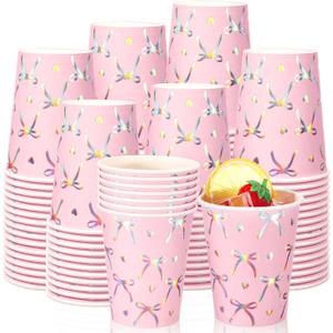 TecUnite 100 Pcs 9oz Iridescent Paper Cups Laser Pink Bow Disposable Paper Cups Coquette Bachelorette Party Disposable Coffee mugs Bow Themed Party for Wedding Birthday Baby Shower Supplies