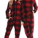 SWOMOG Couples One Piece Pajamas Sets Christmas Men & Women Fleece Winter Loungewear Zip-Up Jumpsuit with Pockets Pjs (Medium, Black and Red Plaid)