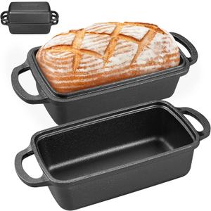 2 in 1 Cast Iron Bread Pan with Lid, Durable Loaf Pans for Baking Homemade Sourdough and Meatloaf, Bread Oven Cast Iron Cookware, Set of 2
