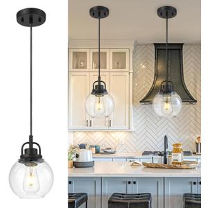 METWET 2 Pack Pendant Lights Kitchen Island, 7" Matte Black Pendant Light Fixtures Over Island with Globe Clear Glass Shade, Farmhouse Hanging Lights for Dining Room Entryway, PL125-MB-2PK