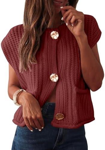 ANRABESS Women Chunky Knit Sweater Vest Button Down Casual Sleeveless Cardigan with Pockets Spring Trendy Outfits 2025 Rust Medium