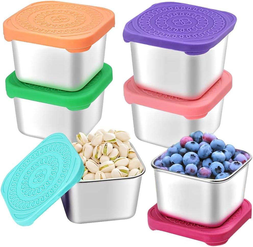 HTEVW 6Pack 6oz Stainless Steel Snack Containers for Kids, Easy Open Leak Proof Metal Toddler Snack Containers with Silicone Lids, Stackable Metal Toddler Lunch Box for Daycare, School and Travel, 2.95 * 2.95 * 1.97in, 6oz/180ml
