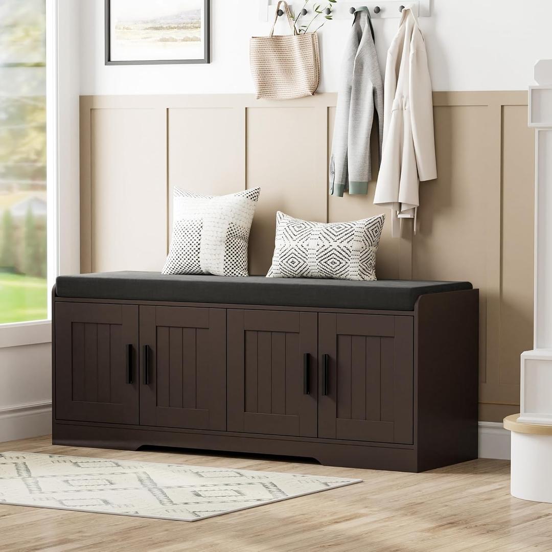 Homleke 2-Tier Storage Bench, Shoe Bench with Thickened Padded Seat Cushion, Entryway Bench with 4 Doors, Adjustable Shelf, 13.8" D x 45.3" W x 18.5" H, for Entryway, Living Room, Bedroom, Brown
