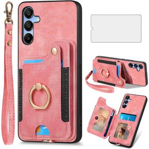 Phone Case for Samsung Galaxy A16 5G/4G Wallet Cover with Tempered Glass Screen Protector and Wrist Strap Lanyard RFID Credit Card Holder Ring Stand Cell Accessories A 16 16A SM-A166U Women Men Pink