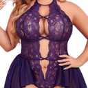 Avidlove Womens Plus Size Lingerie Lace Bodysuit Teddy Deep V One Piece Lace Babydoll (XX-Large, Purple)