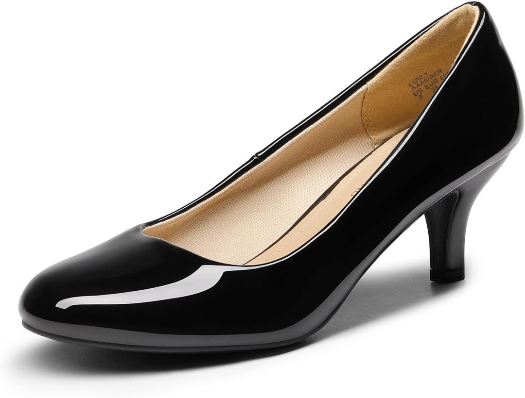 DREAM PAIRS Women's Dress Comfortable Low Heel Pump Shoes (8.5, Black/Pat)