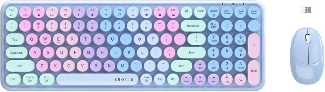 UBOTIE Wireless Keyboards and Mouse Combo (Purple Rainbow)
Colorful Gradient Rainbow Color Retro Typewriter Flexible Keyboard, 2.4GHz Connection and Optical Mouse for PC Wins Mac