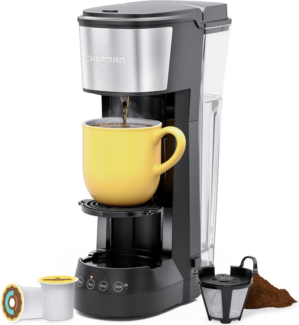 CHEFMAN Single Serve Coffee Maker, K Cup Coffee Machine: Compatible with K-Cup Pods and Ground Coffee, Brew 6 to 12oz Cup Drip Coffee Maker, 40oz Water Reservoir, Cup Lift, Filter Included (Multi Cup - 40oz Reservoir, Black)