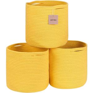 voten Round Storage Cubes Baskets Bins Organizer 11x11x11'' Fit 12x12'' Cube Storage Organizer Bookcases Shelf, Durable Woven Cotton Rope Basket, 3Pack Yellow (L11xW11xH10.7)