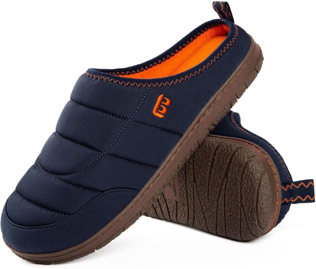 LongBay Mens Slip on Slippers Two-Tone Indoor Outdoor House Shoes Memory Foam Camping Garden Down Clogs (11, Navy Blue)