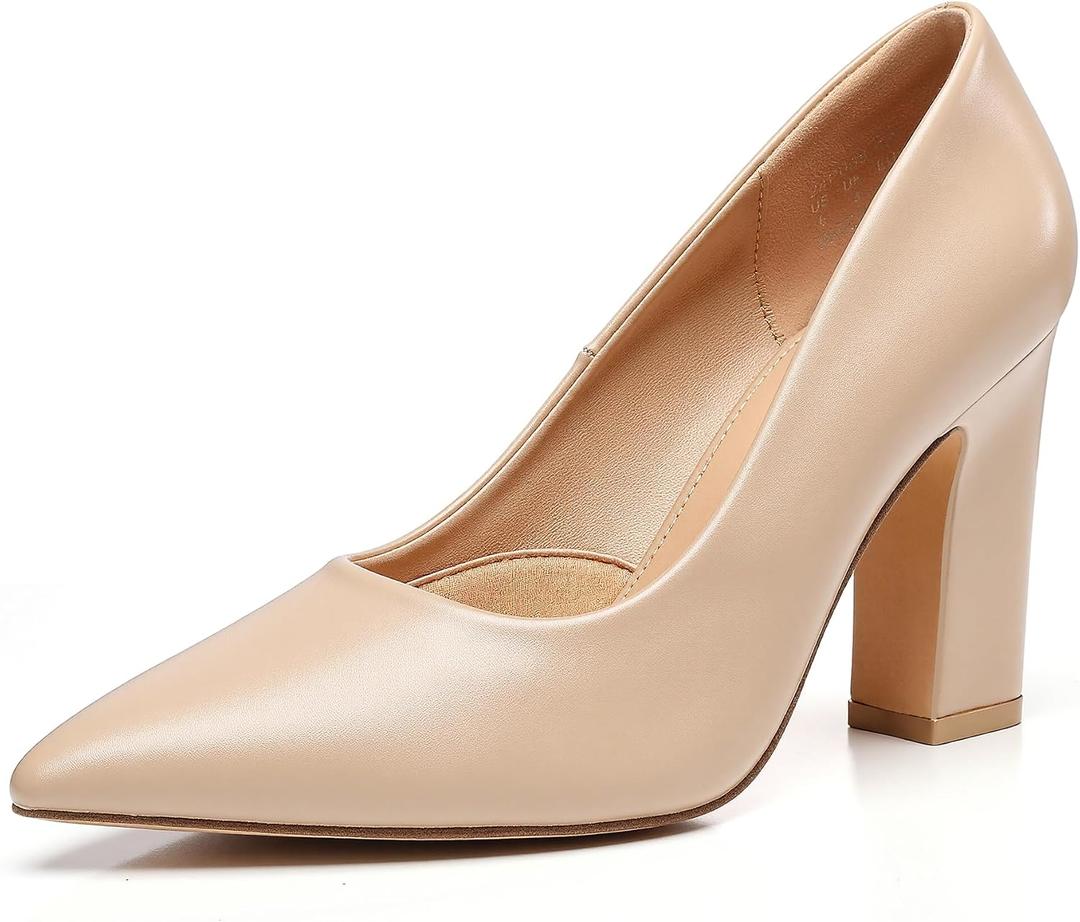 Trary Heels for Women Closed Pointed Toe Chunky Pumps Shoes Women Block High Heels Comfortable Slip-On Dress Office Party Wedding Shoes 3.54" Heel, Size: 7