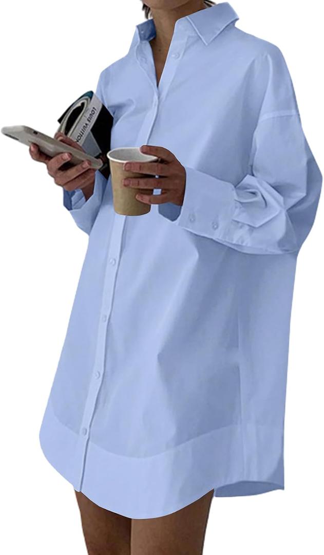 LYANER Women's Casual Shirt Dress Collar V Neck Button Down Loose Long Sleeve Mini Dresses (Blue, XL)