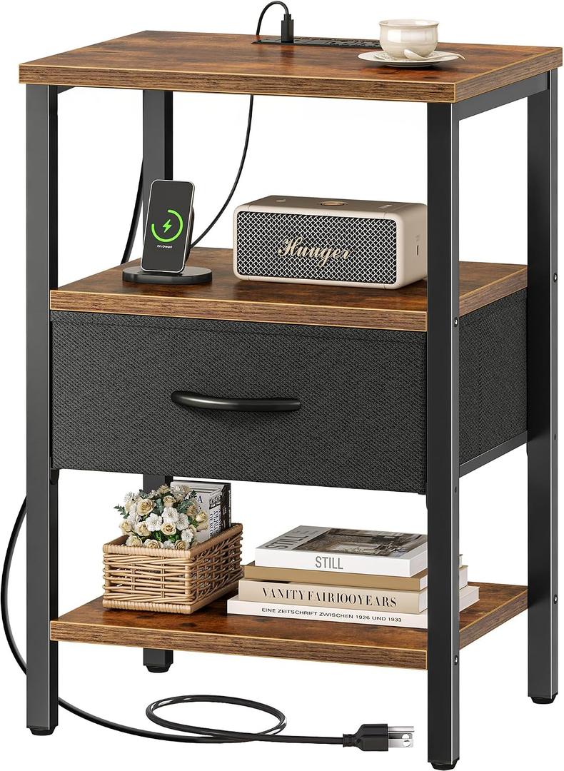 SUPERJARE Nightstand with Charging Station, USB-C Port, Bedside Table
Night Stand for Bedroom, with Adjustable Fabric Drawer, 3-Tier Storage End Table, for Living Room, Rustic Brown & Black