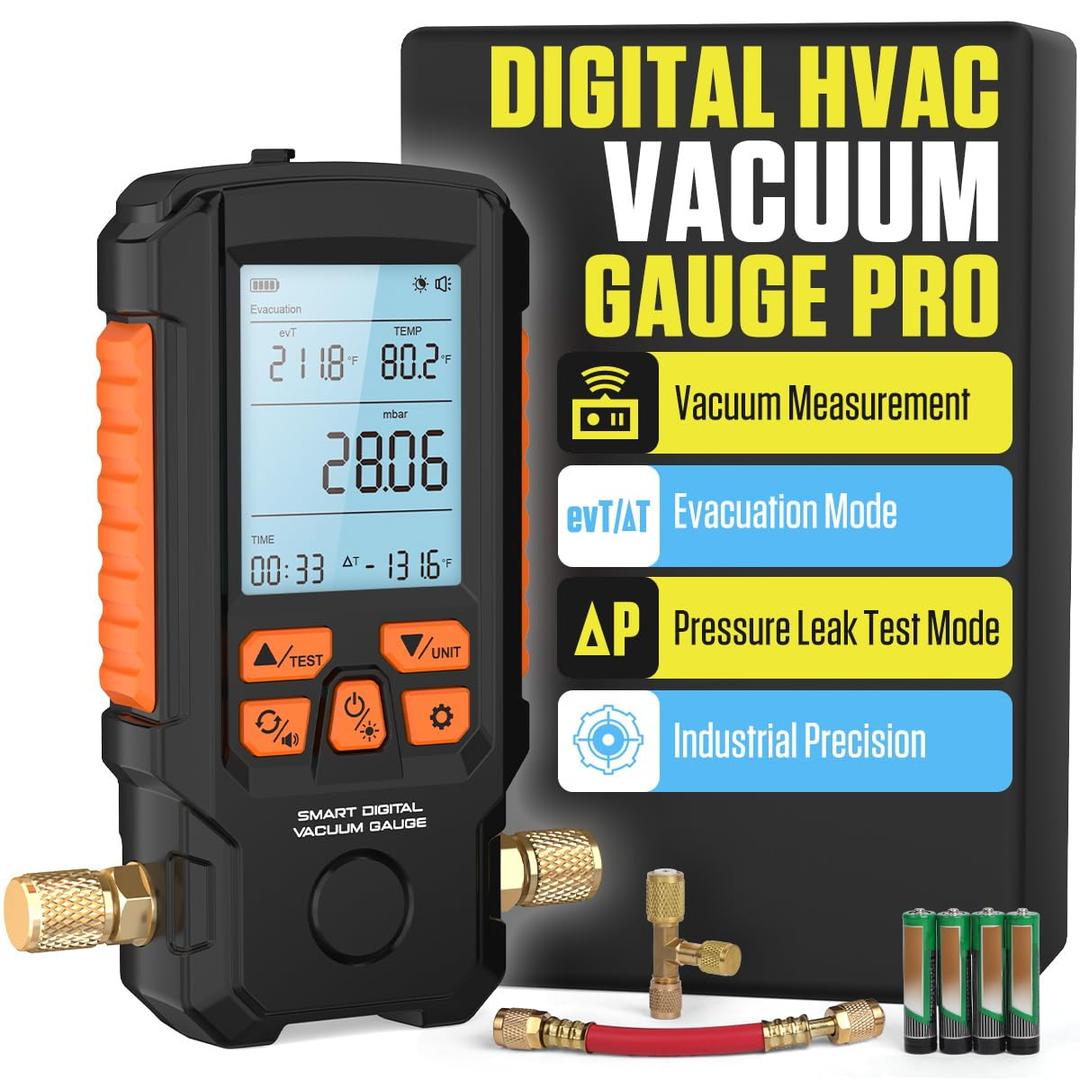 Digital Vacuum Gauge Pro, HVAC Vacuum Gauge with Smart Evacuation & Leak Detection, Torr/mbar/hPa/inHg, ±0.2% FS Accuracy, Auto Calibration, 3" LCD, 7/16"-20UNF(1/4" SAE)