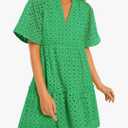 PRETTYGARDEN Eyelet Dresses for Women 2025 Summer Short Sleeve V Neck Hollow Out Ruffle A Line Boho Beach Vacation Mini Dress, XL